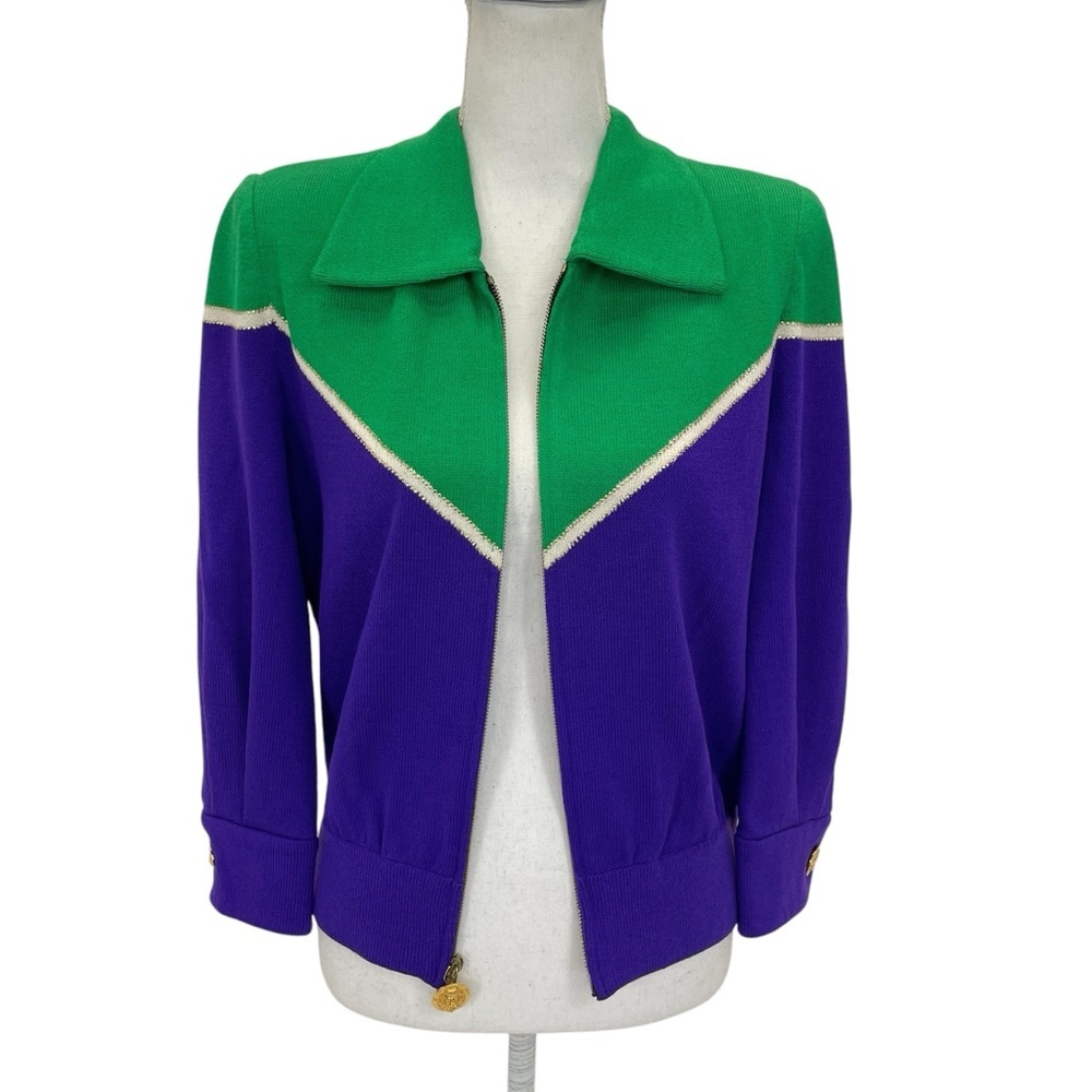 St. John Knit Bomber Cardigan Jacket Small Green/Purple